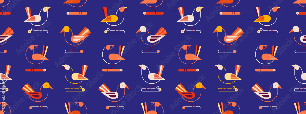 Fototapeta premium Seamless pattern with cute birds sitting on branches. Hand drawn autumn background with leaves, branches. Retro pattern with geometric birds, vector illustration