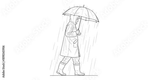 Line Art Vector of Person Walking in Rain with Umbrella Representing Weather
