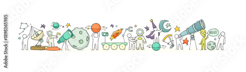 Cartoon banner of sketch little people with space objects. Doodle cute workers with cosmic elements. Hand drawn vector illustration for astronomy design.