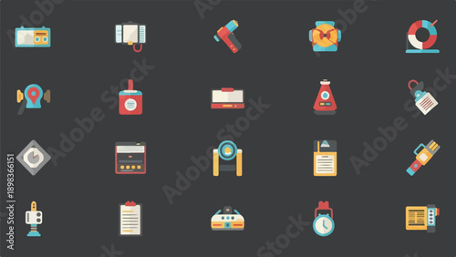 Collection of various, colorful, flat, illustrated icons on a dark gray background