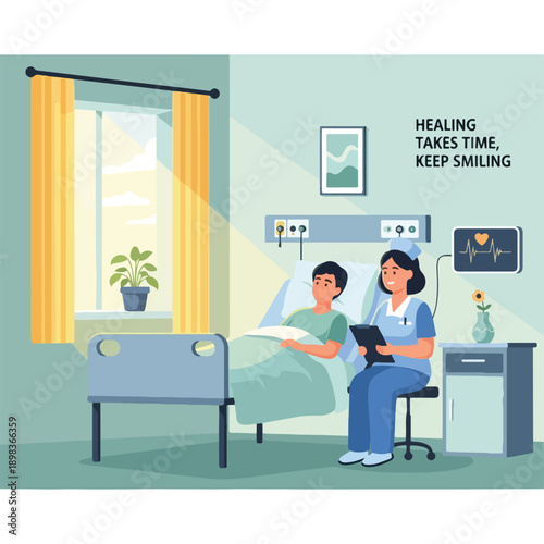 Cartoon illustration of a hospital room with a patient and a nurse