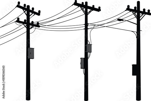 Silhouette of electric utility poles with power lines and street light, urban electricity distribution network, high voltage energy infrastructure illustration.
