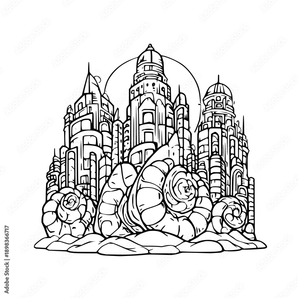 Naklejka premium Snail in Front of Medieval Castle Ruins at Night