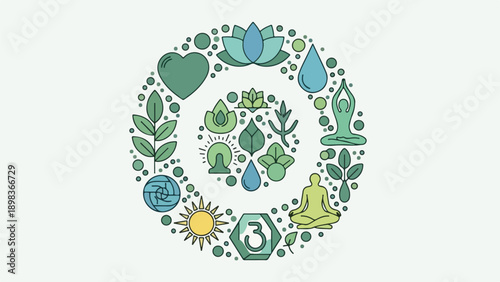 Circular composition with symbolic icons in green and yellow hues