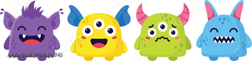 Four colorful cartoon monsters with different expressions and features Keywords: monster, cartoon, cute, character, creature