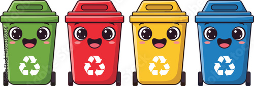 Four cute cartoon recycling bins with happy faces and recycling symbols Keywords: recycling, bins, trash cans, garbage cans