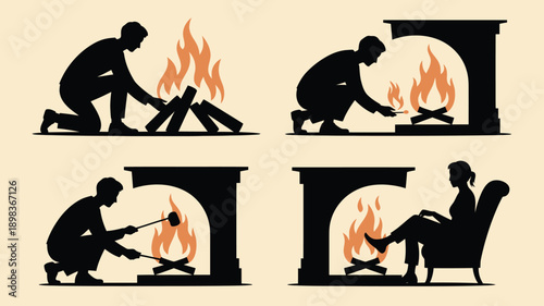 Man enjoying fireplace in various stages of relaxation in silhouette with warm glowing flames for home decor