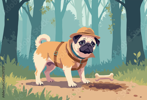 Dog Pug wearing detective coat looking buried bone map Flat