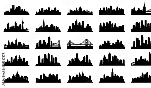 Night city skyline silhouette icon set black vector illustration