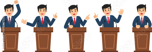 Man in suit speaking at podium with five different gestures on white background Keywords: man, businessman, speaker, politician