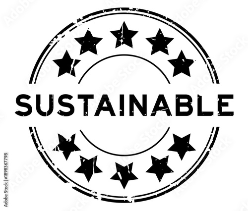 Grunge black sustainable word with star icon round rubber seal stamp on white background