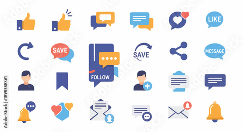 Collection of various digital symbols and icons for social media and communication