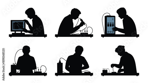 Scientist Silhouettes in Laboratory Setting with Various Equipment in Black and White Illustration for Science Education