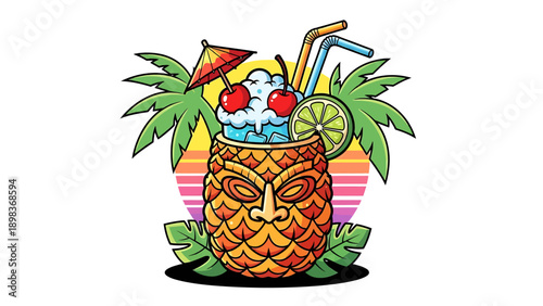 Vibrant Tiki Drink with Pineapple, Umbrella, and Palm Trees on a Tropical Island Getaway Illustration