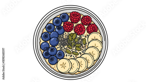 Fresh fruit salad with blueberries, raspberries, bananas, and blueberries in a bowl viewed from above