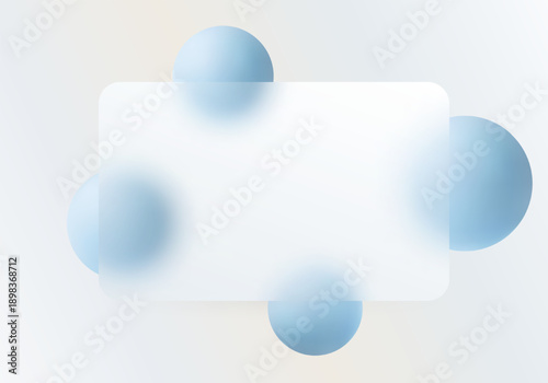 Minimalistic glass morphism style background with a matte rounded panel and soft blue spheres on a light gradient background.