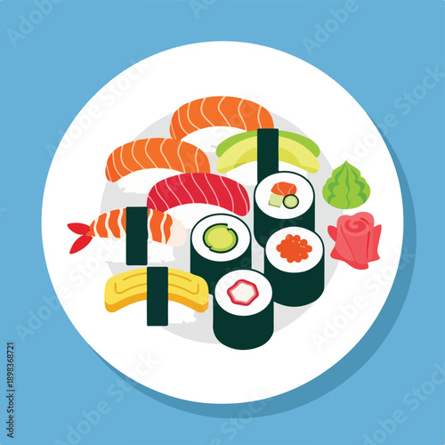 Colorful illustrated plate of assorted sushi, sushi rolls, and accompaniments