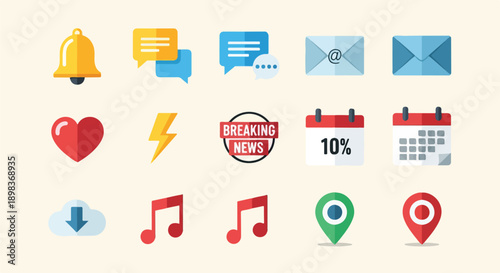 Collection of various flat design icons on a light cream background