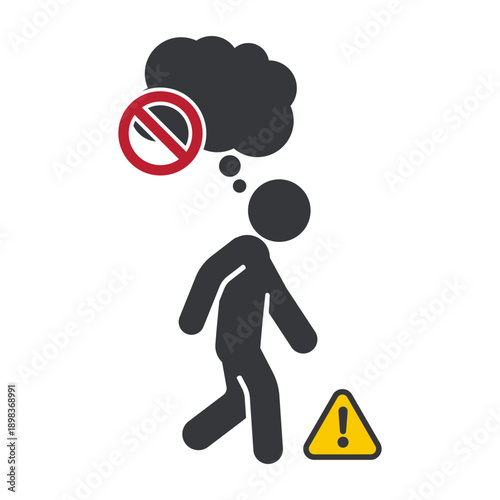 Isolated pictogram warning against walking while daydreaming or dreaming, emphasizing careful steps, safety awareness, and mindful movement in everyday pedestrian activity.