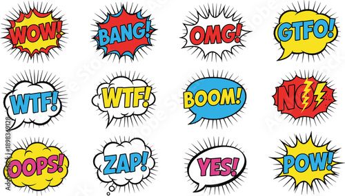 Twelve comic book style speech bubbles with various exclamations and sound effects Keywords: comic, speech bubble, explosion