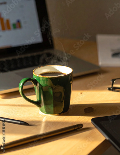 Steaming coffee mug on a wooden desk next to a laptop and tablet, morning light