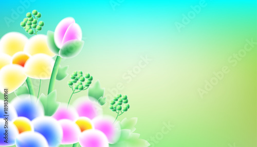 A spring or summer green background with blurred flowers and leaves. A soft gradient of green and yellow. An abstract background of natural colors for posters, packaging and fresh seasonal layouts