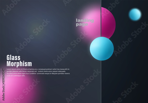 Dark modern glassmorphism composition with floating gradient spheres and translucent panel