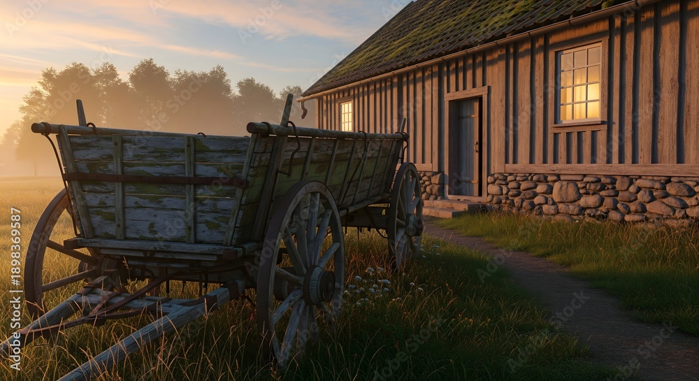 Obraz premium A rustic wooden farm cart stands in the tall grass beside an old traditional timber house during a peaceful golden hour sunset in the countryside