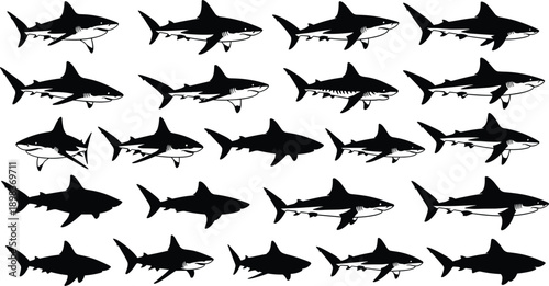 Collection of black shark silhouettes and predator icons isolated on white background for marine life designs, ocean wildlife graphics, nautical patterns, and aquatic nature illustrations.