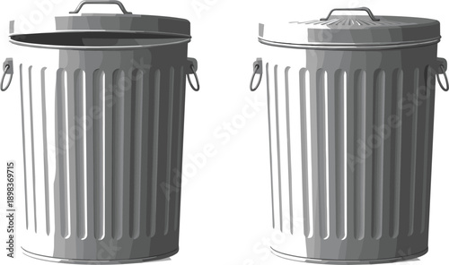 Two realistic metal trash cans with lids on a white background Keywords: trash can, garbage can, bin, waste bin, container