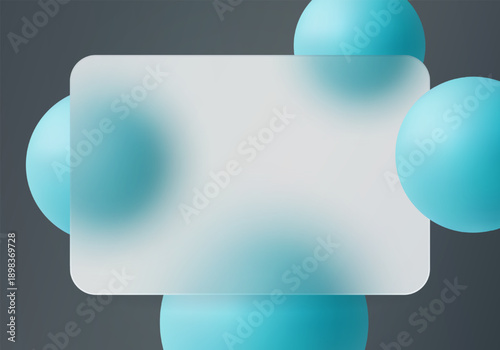 Modern glass morphism background with turquoise gradient spheres and frosted translucent panel