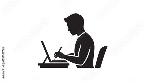 Man Working on Laptop with Stylus in Simple Silhouette Style with Black and White Color Scheme on Isolated White Background for Business Illustration