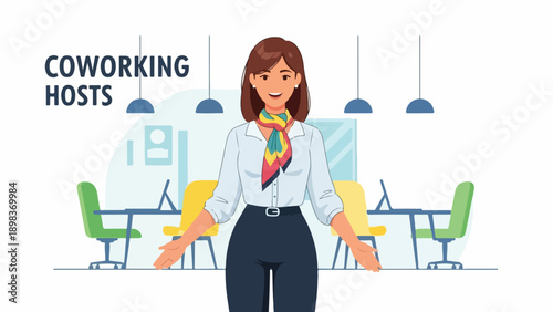 Cartoon image of a woman gesturing in an office space with tables and chairs