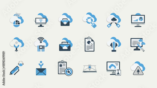 Collection of stylized cloud, computer, and tech icons