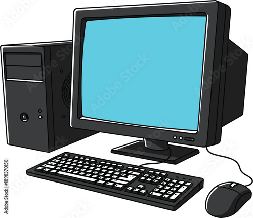 Vintage Desktop Computer with Monitor Keyboard and Mouse on White Background retro technology