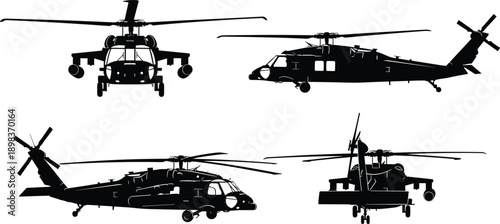 Set of black military helicopter silhouettes and transport aircraft icons isolated on white background for tactical defense designs, army aviation graphics, and aerial warfare.