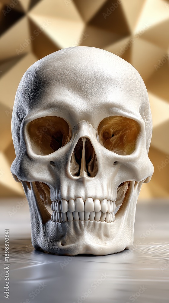 Obraz premium Realistic Human Skull on Golden Geometric Background