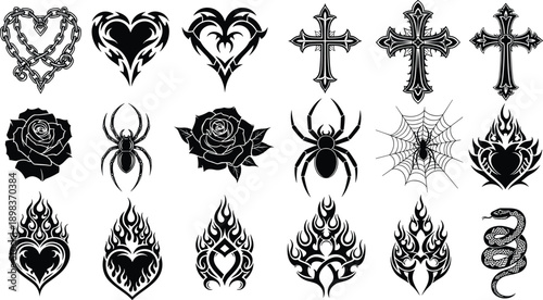 Canvastavla Black vector silhouette set of gothic tattoo icons including hearts crosses spid
