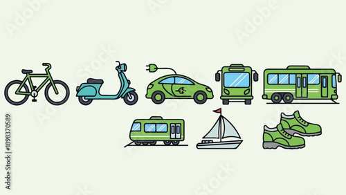 Collection of assorted green transportation vehicles and footwear icons