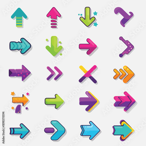 Collection of stylized, colorful, and playful arrows, showcasing direction and movement