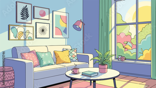 Cartoon interior scene with couch, coffee, plants, abstract art, and window