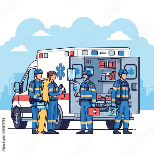 Illustration of a medical team and an ambulance
