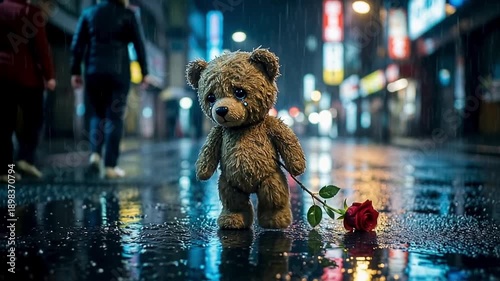 A small teddy bear walks in the rain dragging a rose behind. Concept of heartbreak, disappointment in love and melancholy mood.