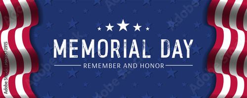Memorial day design template. Horizontal background with usa flag and stars on navy blue. Great for web banners, cards, posters, social media