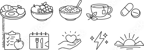 Healthy lifestyle icons representing diet, wellness, and energy for a balanced life