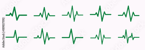 Set of ten green electrocardiogram (ecg) heartbeat lines representing vital signs and health monitoring Vector