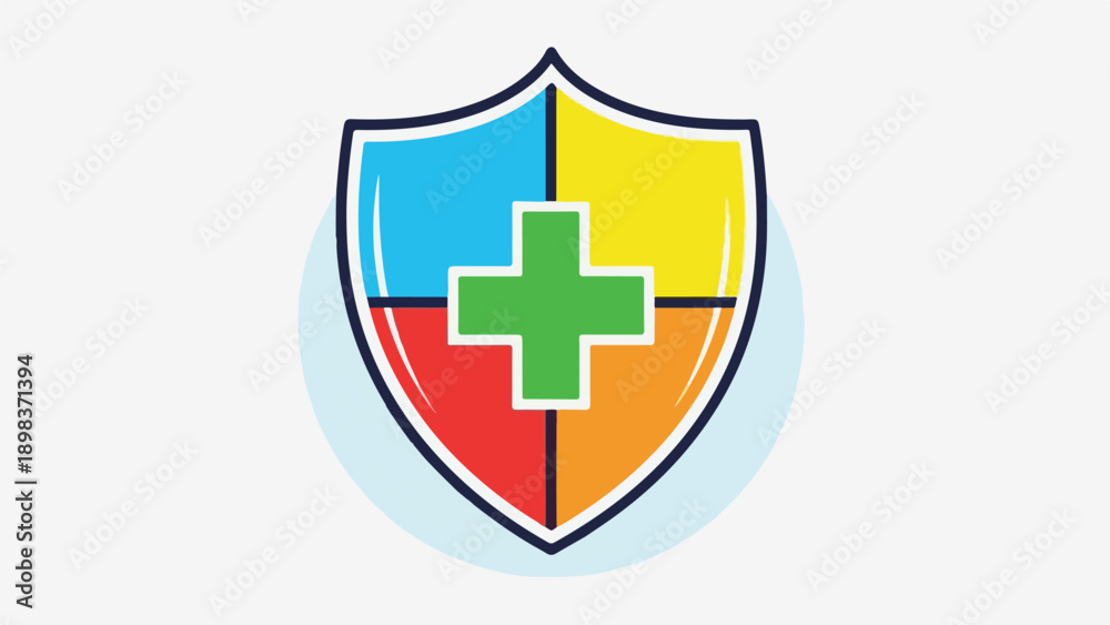Fototapeta premium Colorful shield with cross inside. Sections are blue, yellow, red, orange