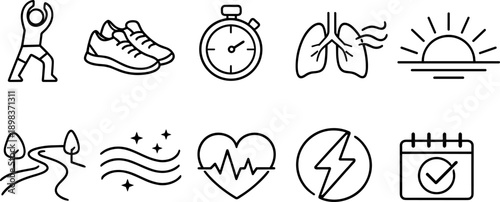 Healthy lifestyle icons representing exercise, nutrition, and well-being