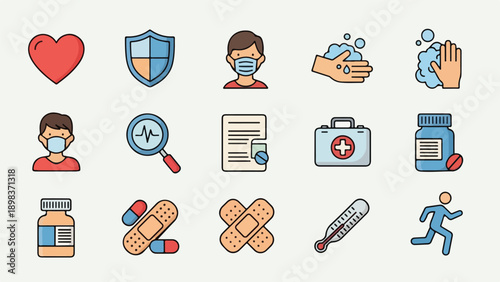 Collection of various medical and health-related flat design icons