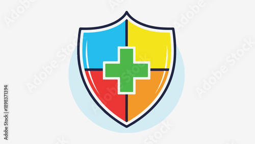 Colorful shield with cross inside.  Sections are blue, yellow, red, orange